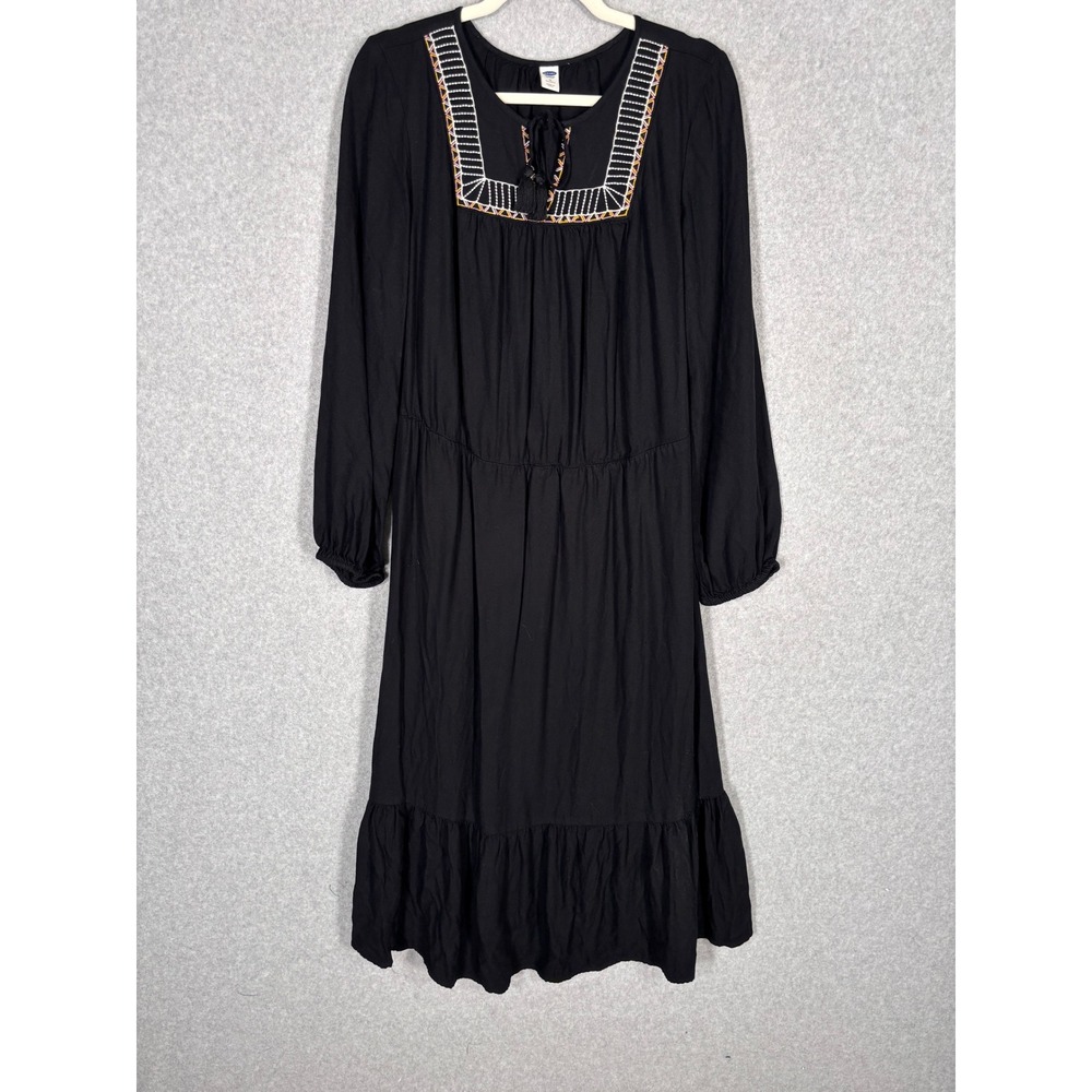 Old Navy Tiered Peasant Midi Dress Medium Tall Black Embroidered Boho Western